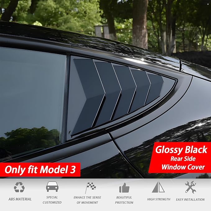 for Tesla Model 3 2017-2024 Rear Side Window Louvers Air Vent Scoop Louver Window Scoop Louver Cover ABS Sun Rain Shade Vent Sport Style Exterior Decoration 2pcs(Glossy Black)