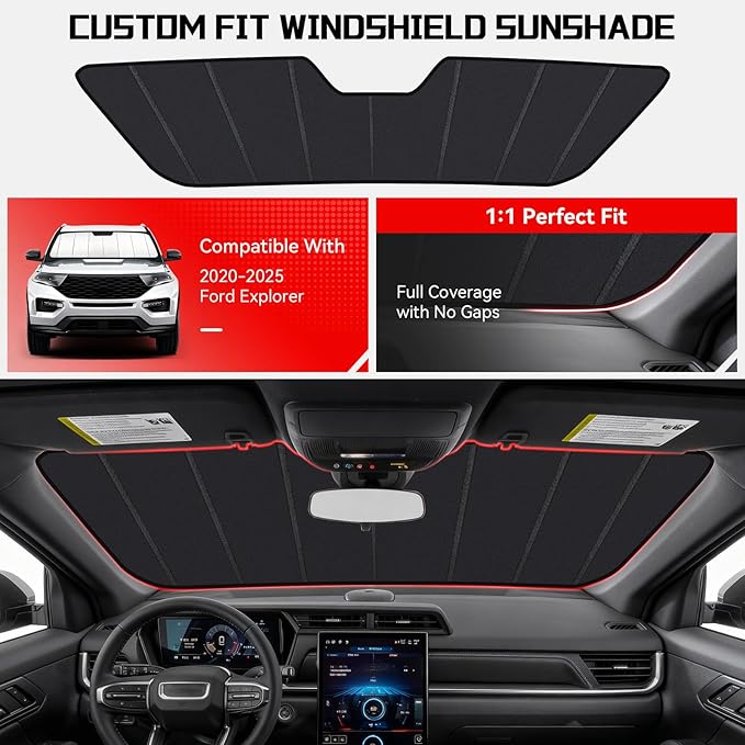 Windshield Sun Shade Custom Fit for Ford Explorer 2020-2024, Accordion Folding Thick Window Sunshade Block Heat 99% UV Rays Sun Visor Keep Cooler Car Accessories