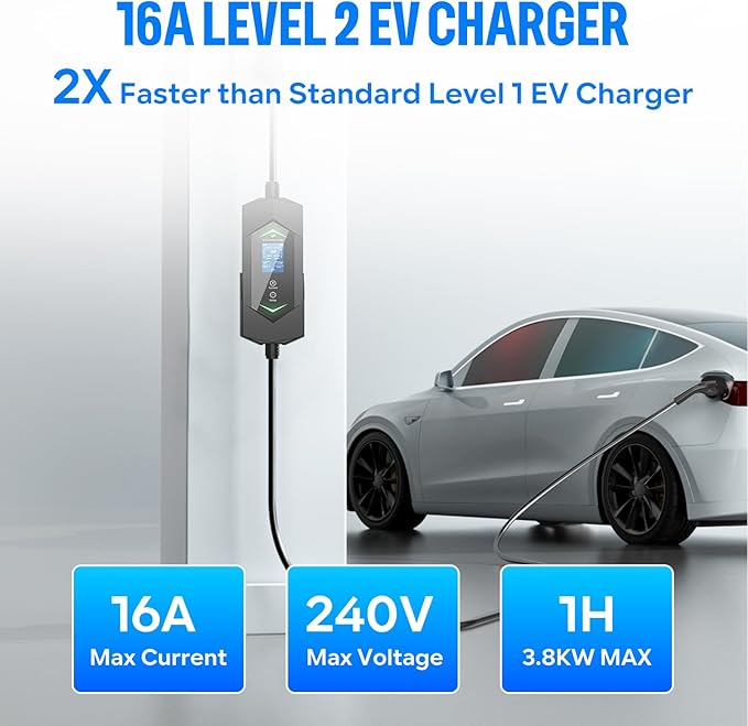 Portable Level 2 Ev Charger for All SAE J1772 EVs, 25ft ETL Listed Electric Vehicle Charger, Smart Adjustable 6-16A,120-240V, Timer Function,Weatherproof IP66 with NEMA 6-20 Plug