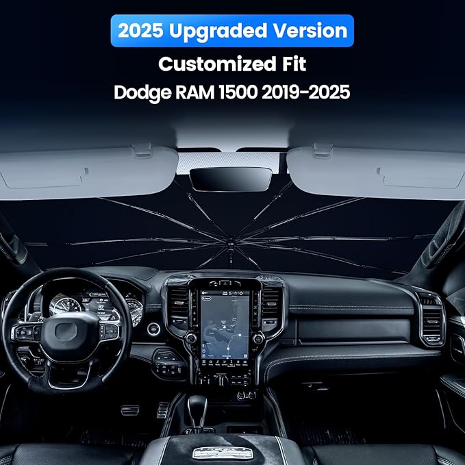 Windshield Sun Shade Umbrella for Dodge RAM 1500 2019-2025 2026,Heat Blocking Keep Car Cool,UV Protection Windshield Sunshade, Emergency Rain Shield&Dashboard Protector-Thickened ICY Silver