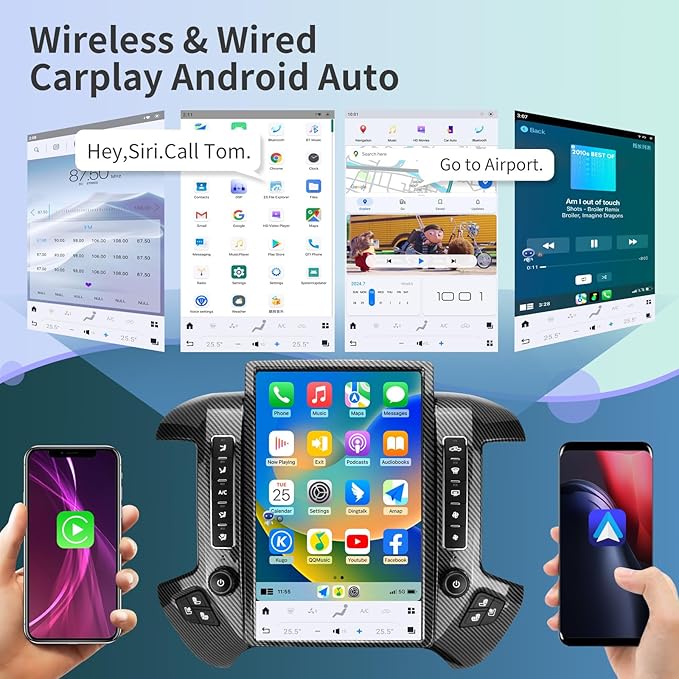 Car Radio for Chevrolet Silverado GMC Sierra 2014-2019 Stereo Replacement Head Unit 14.4 Inch 2K IPS Touch Screen Tesla Style Carplay Android Auto GPS Navigation OEM 4.2 Inch（Carbon Fiber）