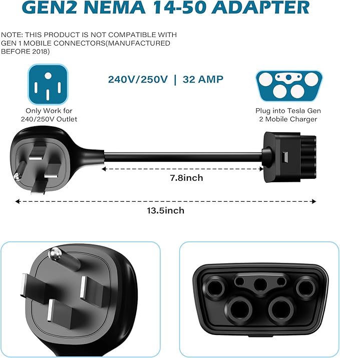 HiFind NEMA 14-50 Adapter for Tesla Gen 2 Mobile Charger 1 Ft, Connect Tesla Portable Charger to 14-50 Plug 240/250V Outlet 32 Amp Fast Charging for EV, Model S/3/X/Y, Safe & Durable, ETL, Black