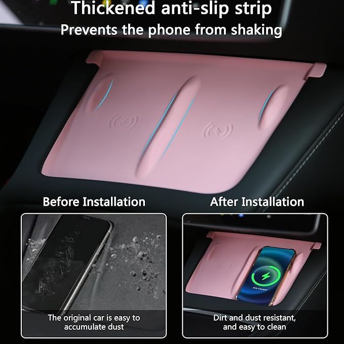 3PCS Center Console Accessories for Tesla Model Y 2021-2024 and Model 3 2021-2023 Cup Holder Insert, Screen Edge Protector Frame, Silicone Wireless Charger Mat, Pink