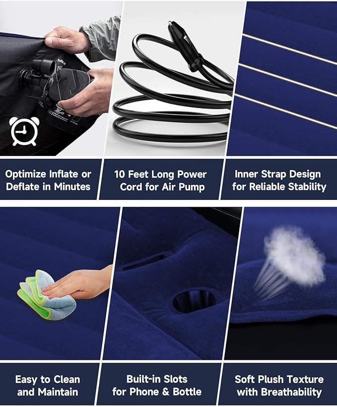 Umbrauto Air Mattress for Tesla Model Y, Custom Inflatable Camping Bed for Back Trunk, SUV Sleeping Pad w/Soft Flocking Surface, Durable 210T Fabric Bottom, Portable Pump for Travel, Navy