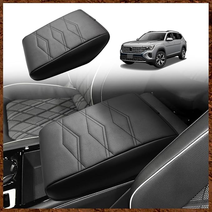 Muslogy Center Console Armrest Cover Fit for Volkswagen Atlas & Cross Sport 2024-2026 Accessories, Comfort Armrest Pad Console Lid Cushion Vegan Leather Regular Thick (V1_Black)