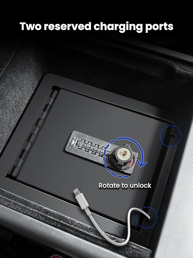 Center Console Safe Organizer Compatible with 2025 2026 Tesla Model Y Juniper & Model 3 Highland Armrest Lock Box Secure Vehicle Accessories with 4-digit Lock with Password Retrieval Key