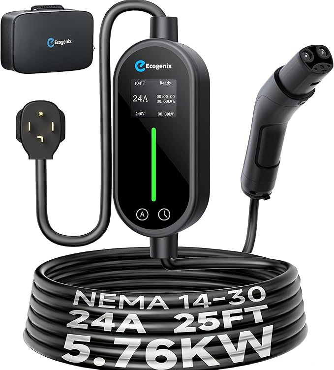 Ecogenix Level 2 Tesla Home Charger, 24A/240v Dryer Outlet Portable Mobile Charging Cable for Model 3/Y/S/X, Adjustable Amps, Apartment-Friendly, 25ft Tesla Universal Connector with NEMA 14-30 Plug