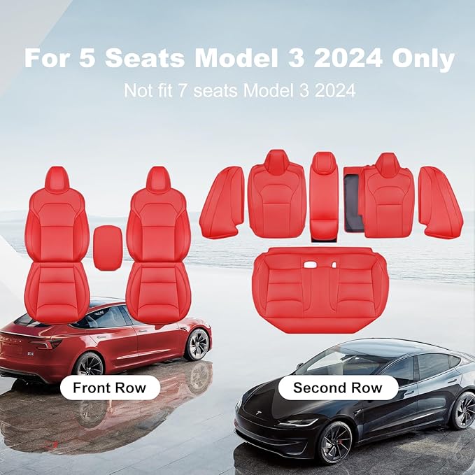 2024-2025 Tesla Model 3 Highland Upgraded Car Seat Covers Nappa Leather Car Interior Airbag Compatible Cushion Cover Full Set Custom Fit Model 3, Nappa Bright Red