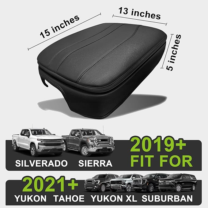 Muslogy Center Console Armrest Cover Fit for Chevy Silverado GMC Sierra 2019-2026, GMC Yukon & Chevy Tahoe & Suburban 2021-2026 Accessories, Armrest Pad Console Lid Cushion Vegan Leather 1-Inch Thick