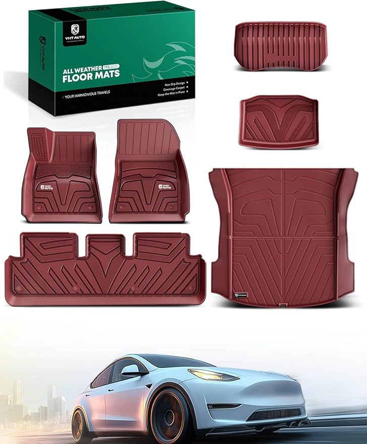 YHTAUTO Custom Fit Red Floor Mats for Tesla Model 3 2020 2019 2018 2017, All Weather TPE Car Carpet, Front Rear Trunk Storage Cargo Liner, Lower Storage Mat, Anti-Slip Waterproof Orderless, Set of 6