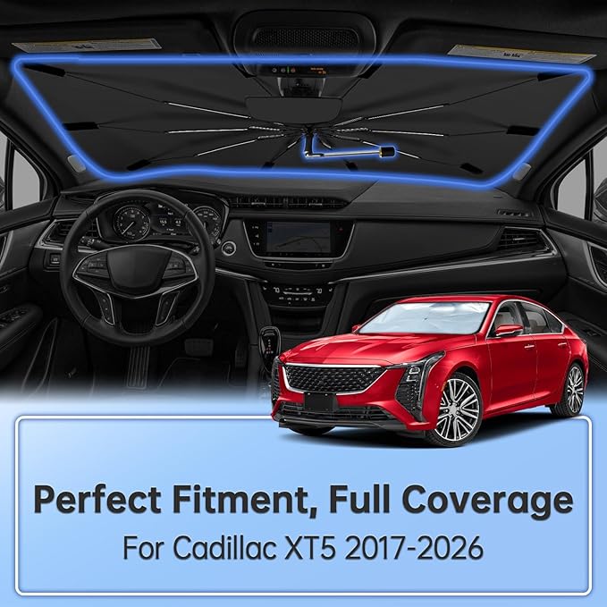 Windshield Sun Shade Umbrella for Cadillac XT5 2017-2026, Foldable Sunshade for Car Front Window, 360 Rotation Automotive Interior UV Protection for Outdoor Parking, Keep Car Cool