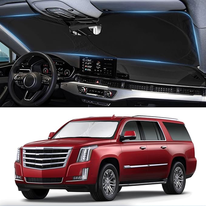 Custom Fit Escalade Windshield Sunshade for Cadillac Escalade Accessories 2021-2023 2024 2025 2026 Front Window Shades Cover for Windshield Sun Visor Screen Protector 210T Reflective Blocks UV Rays