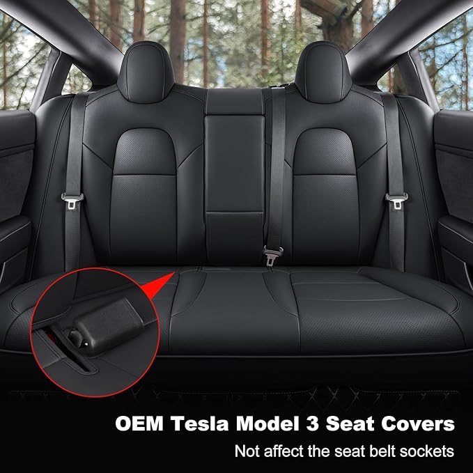 Tesla Model 3 Car Seat Covers Nappa Leather Car Interior Seat Airbag Compatible Cushion Cover Full Set Custom Fit 2023 2022 2021 2020 2019 2018, Nappa Black