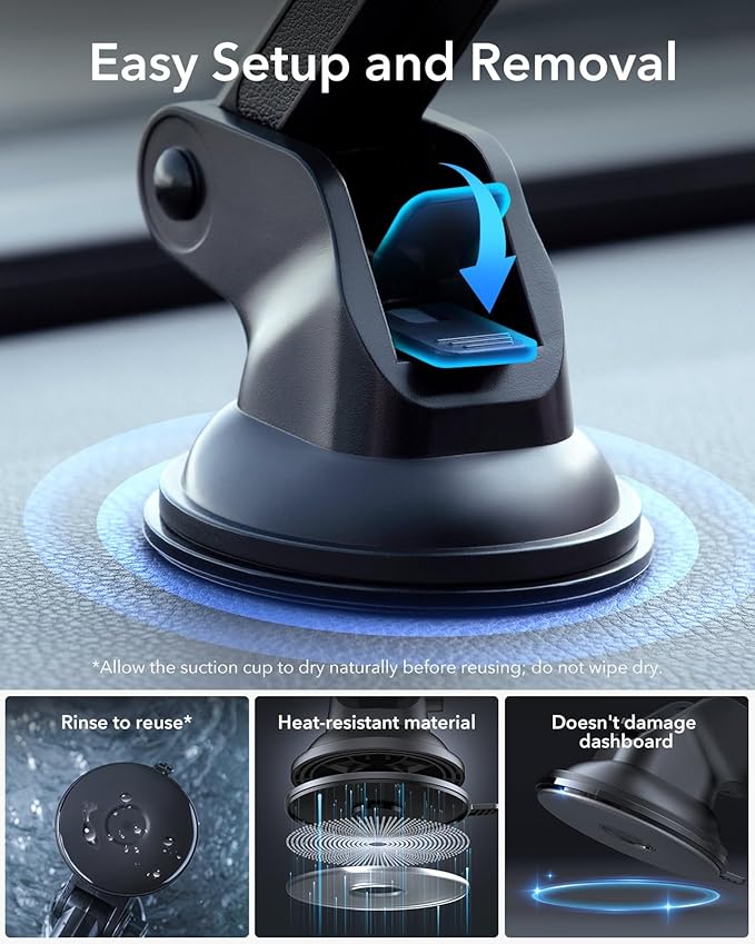 ESR Dashboard Magnetic Phone Holder for Car, for MagSafe Car Mount, Windshield Vacuum Car Mount for iPhone 17/16/16e/15/14/13/12, Samsung, Pixel 10, Charging Not Supported, 2 Metal Rings Included