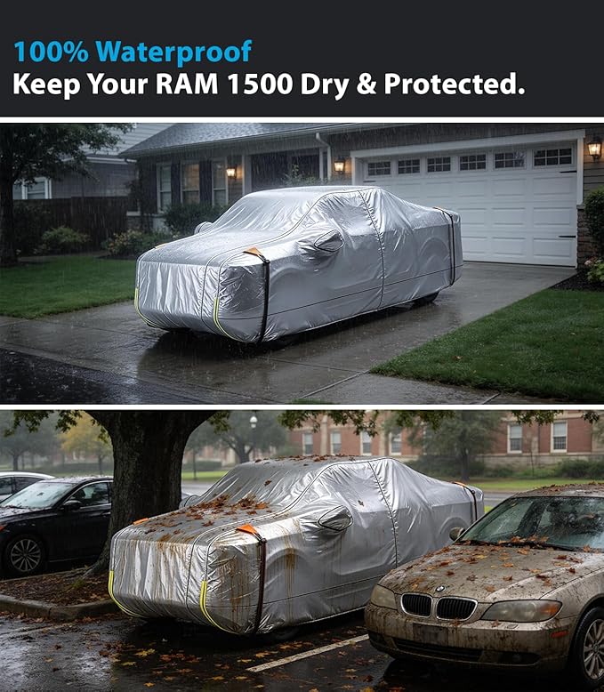 Wigoo Dodge Ram 1500 Truck Car Cover Accessories 2019-2026, Custom Fit Waterproof All Weather Outdoor Full Pickup Cover, Windproof UV Rain Snow Dust Protection, Door Zipper, Reflective Strips