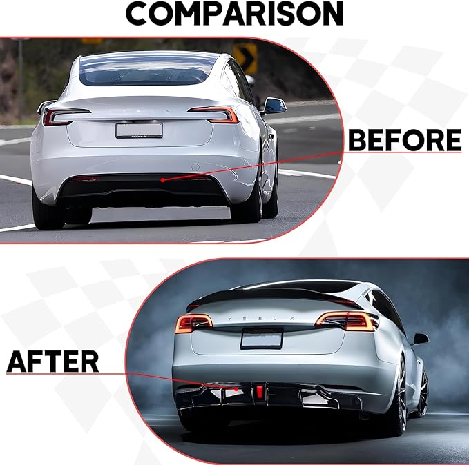 for 2017-2023 Tesla Model 3 Rear Diffuser w/LED Brake Light, Model 3 Rear Bumper Lip, Tesla Model 3 Diffuser Valance Panel Accessories (Gloss Black)
