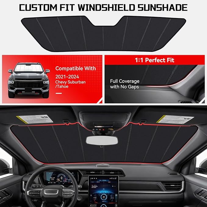 Windshield Sun Shade Custom Fit for Chevy Suburban/Tahoe 2021-2024, GMC Yukon/Yukon XL/Cadillac Escalade/Escalade ESV 2021-2023, Accordion Folding Thick Window Shade Sun Visor Keep Cool