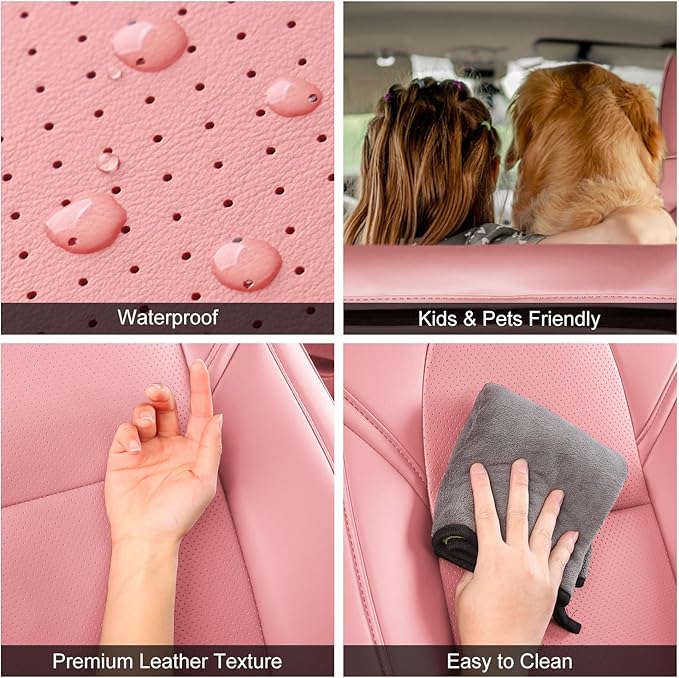 Tesla Model Y Car Seat Covers Nappa Leather Car Interior Seat Airbag Compatible Cushion Cover Full Set Custom Fit 2024 2023 2022 2021 2020, Nappa Pink