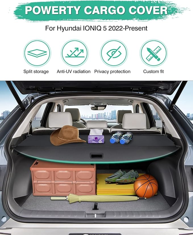 Powerty Retractable Cargo Cover for 2022-2026 Hyundai Ioniq 5 - Canvas Texture Trunk Cover Privacy Screen Rear Security Shade for Ioniq 5 Accessories