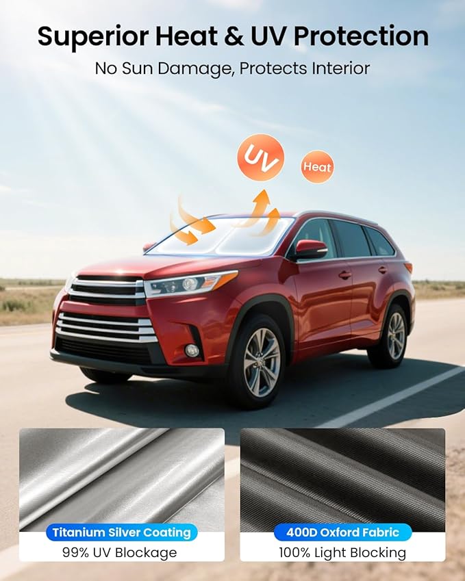 REEVAA 2025 Upgraded Windshield Sun Shade for Toyota Highlander 2020-2025 [Tailored Fit, 99% Sun Protection] Protect Interior & Keep Cool, Foldable Sunshade Car Accessories with Storage Bag