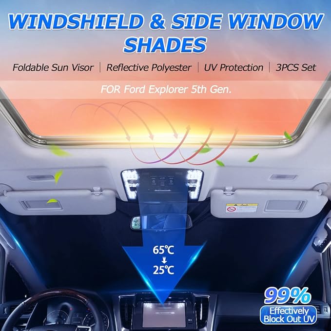 Karltys 3PCS Windshield Sun Shade for 2011-2019 Ford Explorer, Thickened Reflective Front and Side Window Sunshade Custom Fit Explorer, Foldable Sun Visor Protector Blocks Heat UV Rays