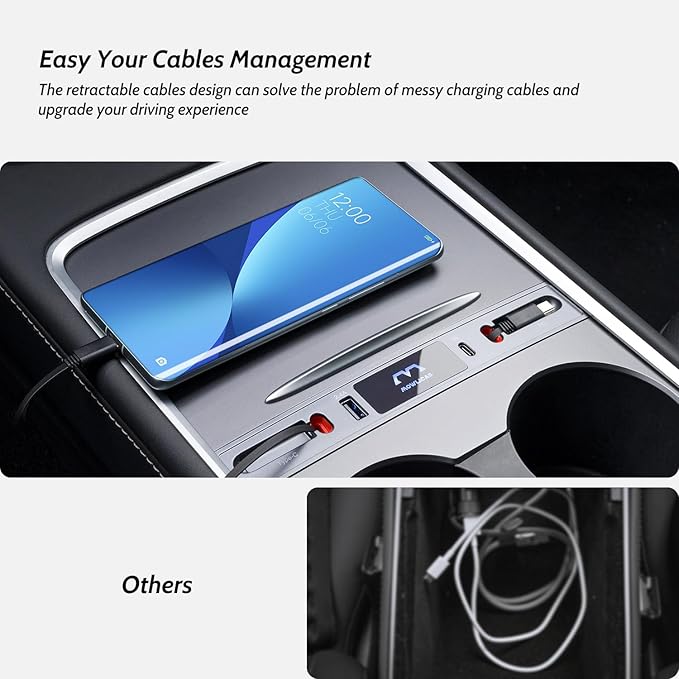 Silver Gray USB Hub for Tesla Owners, 2 USB C Retractable Fast Charging Cables for iPhone 15, is Necessary Tesla Tesla Model 3/Y Accessories (2024-2021) but not Highland or Juniper Compatible