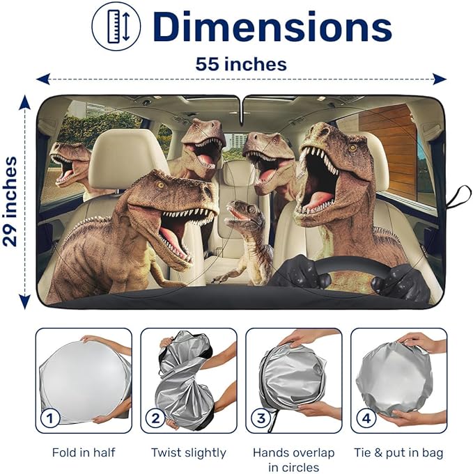 Dinosaur Group Funny Windshield Sun Shade for Car SUV Truck (55x29 Inches), Automobile Sunshade, Protector Blocks UV, Car Accessories