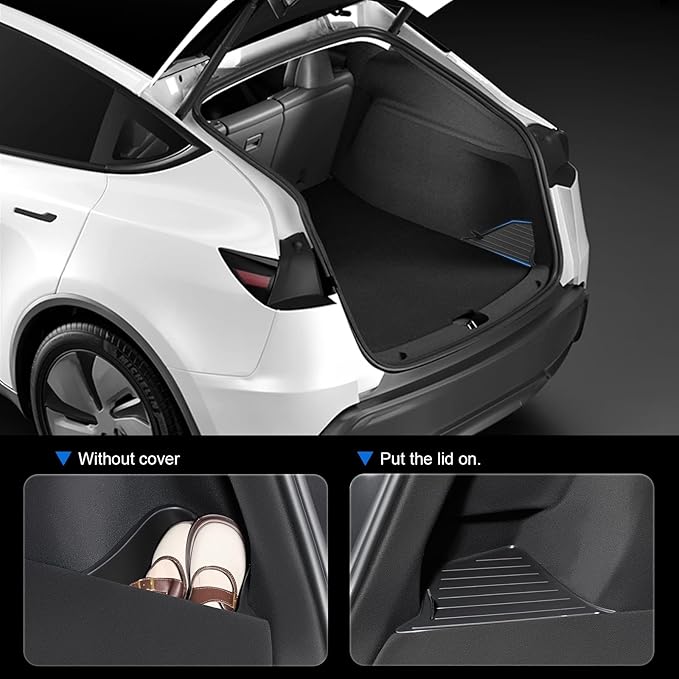 Trunk Storage Bin for Tesla Model Y Juniper Rear Trunk Organizer Corner Storage Trunk Side Storage Packets for Tesla Model Y 5 Seater 2 tpe buckets with lids (new model 2025 2026 y Juniper)