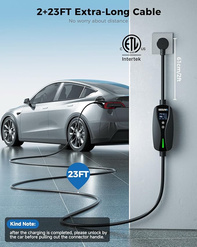 SEGUMA NACS Charger for Tesla with APP, 6-16A ETL Certified Level 1/2 Portable EV Charger, 120V/240V Dual Voltage with NEMA 5-15 Plug & 6-20 Adapter, 25FT Cable, IP66 Waterproof, Home Outdoor Station