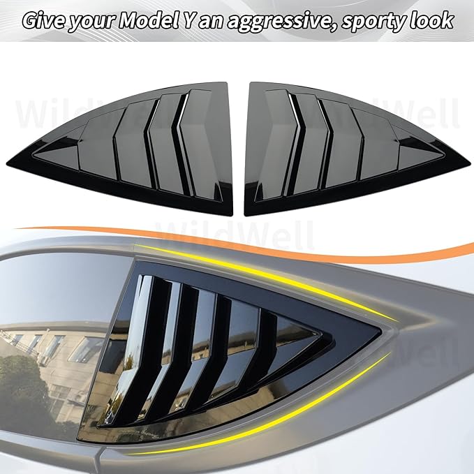 WildWell Rear Side Window Louver Cover for 2020-2026 Tesla Model Y & Model Y Juniper, Side Window Louver Air Vent Scoop Sunshade Covers Exterior Accessories Glossy Black
