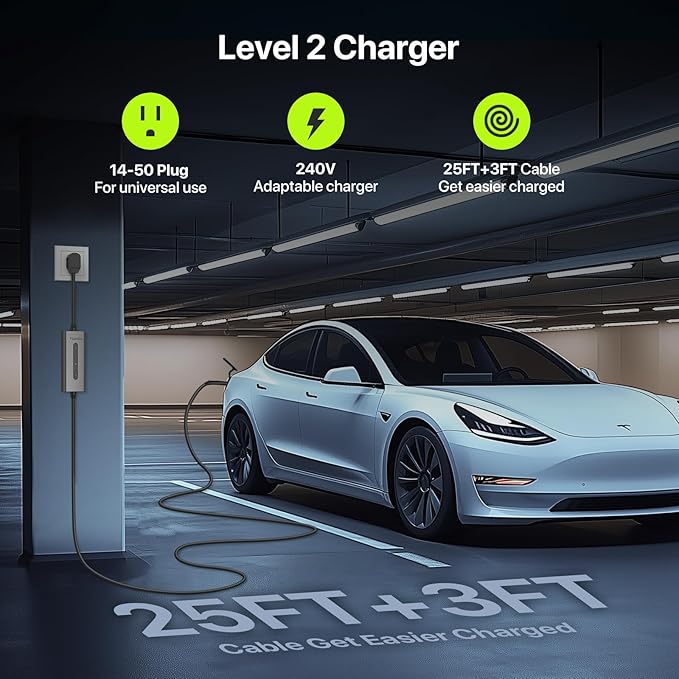 Tesla Charger 40A Level 2 EV Charger NACS 240V with 14-50 Plug 25 FT Cable 9.6KW Portable Tesla Charging Equipment 15-40 Amps Adjustable Current Mobile Electric Car Chargers for Model 3/S/Y