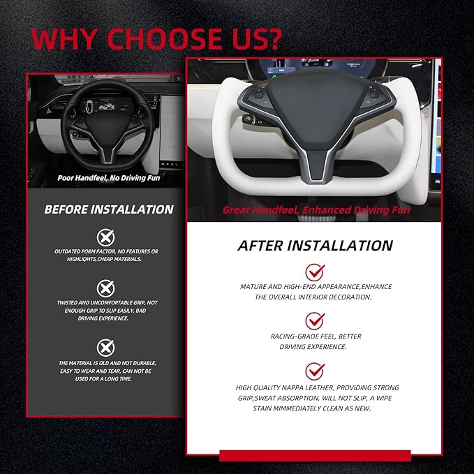 Yoke Steering Wheel, White Microfiber Smooth Leather with Side Glossy Carbon Fiber for Tesla Model X 2016-2020,For Tesla Model S 2014-2020 With Heating Function
