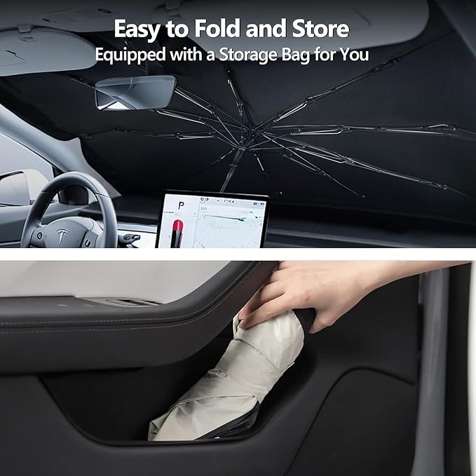 2025 Windshield Sunshade Fits All Tesla Model 3 & Y 2017-2025 Including Juniper Highland Reflective 240T Polyester Heat and UV Rays Windshield Sun Shade Foldable Tesla Interior Protection Accessory