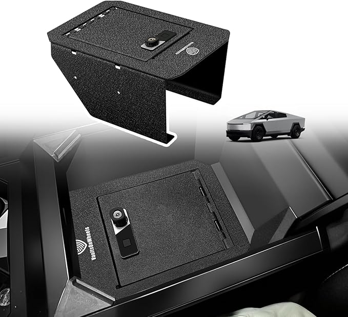 VaultsOnWheels for 2025 2024 Tesla Cybertruck Center Console Safe Gun Safe Vault Hidden Console Storage LockBox Anti-Theft Pry-Proof High Security Biometric Fingerprint Lock