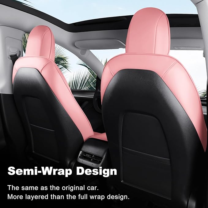 Tesla Model Y Car Seat Covers Nappa Leather Car Interior Seat Airbag Compatible Cushion Cover Full Set Custom Fit 2024 2023 2022 2021 2020, Nappa Pink