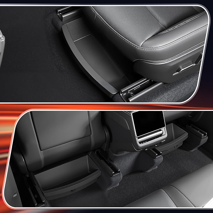 Under Seat Storage Box for Tesla Model Y Juniper 2025-2026, Custom-Fit Under-Seat Organizer Bin Tray for Front & Rear Seats, Waterproof TPE Interior Accessories, 2 Pack, Black, No-Drill