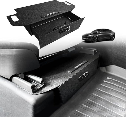 VaultsOnWheels for 2026+ Tesla New Model Y Juniper Front Seat Safe Gun Safe Vault Driver/Passenger Side Drawer Hidden Console Storage LockBox Anti-Theft Pry-Proof High Security
