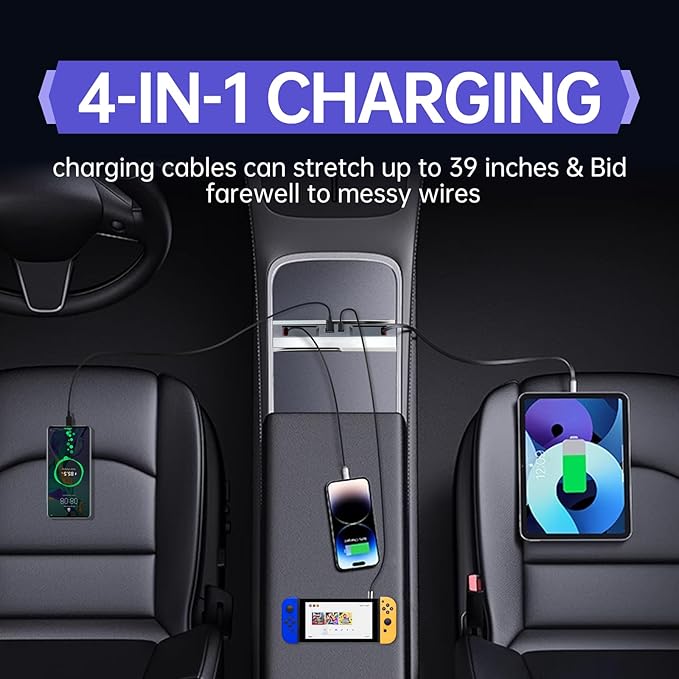 USB Hub for Tesla Model Y Juniper 2025 2026 Model 3 Highland 2024 2025 with Sliding Cover, 119W Multi Ports Fast Charger Waterproof Docking Station with Retractable Cables fit Center Console