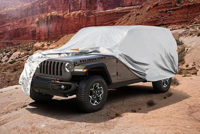 Kayme 6 Layers Car Cover Custom Fit for Jeep Wrangler 4 Dr/Unlimited 4 Door JK JL, Waterproof All Weather for Automobiles, Outdoor Full Cover Rain Sun UV Protection.Silver