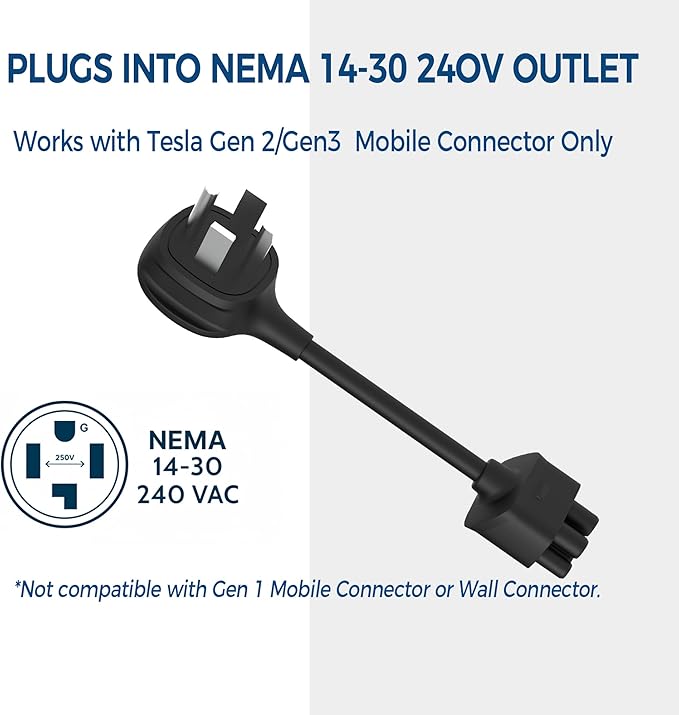 Premium Adapter for Tesla Gen 2/Gen 3 Mobile Charger | Connect to 240V Outlet | 32 Amp Charging | 10 Inch Length (NEMA 14-30)