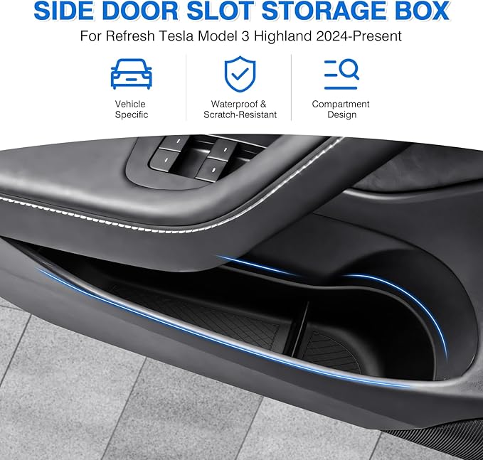 Door Side Storage Box and Trash Can for 2024 2025 2026 Refresh Tesla Model 3 Highland Accessories Front Rear Door Insert Slot Storage Tray Organizer Protector Garbage Bin with Trash Bags 6PCS