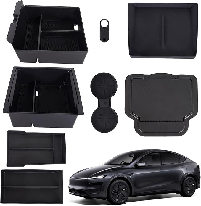 RUTU 8PCS Center Console Organizer for 2025-2026 Tesla Model Y Juniper (Premium & Performance), TPE Armrest Storage with Bottom Mats, Cup Holder, Wireless Charger Mat, Camera Cover
