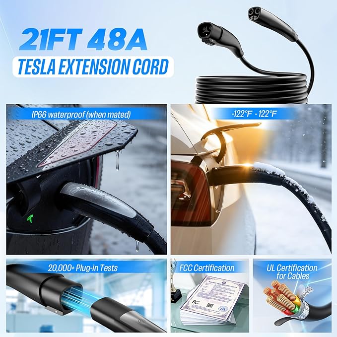 21ft 48A for Tesla Charger Extension Cable - UL Certified Heavy-Duty Silver-Plated NACS EV Extension Cord Compatible with Tesla Mobile Connector & Wall Charger, Model 3/Y/S/X/Cybertruck (Black)