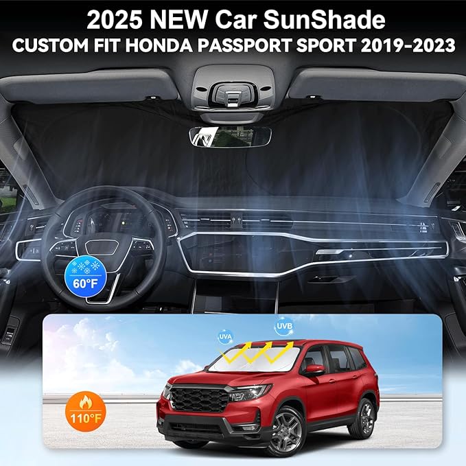 Custom Fit Passport Windshield Sunshade for 2019-2024 2025 Honda Passport, Sport, EX-L, Touring, Eliten, SUV Accessories Front Window Shades Cover for Windshield Sun Visor Protector 210T Reflector