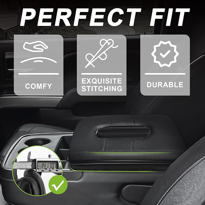 Muslogy Center Console Armrest Cover Fit for Chevy Silverado & GMC Sierra 1500 2500 3500HD 2014-2018 Accessories, Comfort Armrest Pad Console Lid Cushion Vegan Leather 1-Inch Thick(Split Bench Seat)