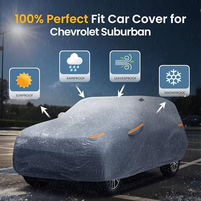 Large SUV Car Cover for Chevy Suburban (1973-2026) 100% Waterproof All Weather, Heavy Duty Outdoor Full Exterior Covers Rain Sun Wind UV Hail Protection.