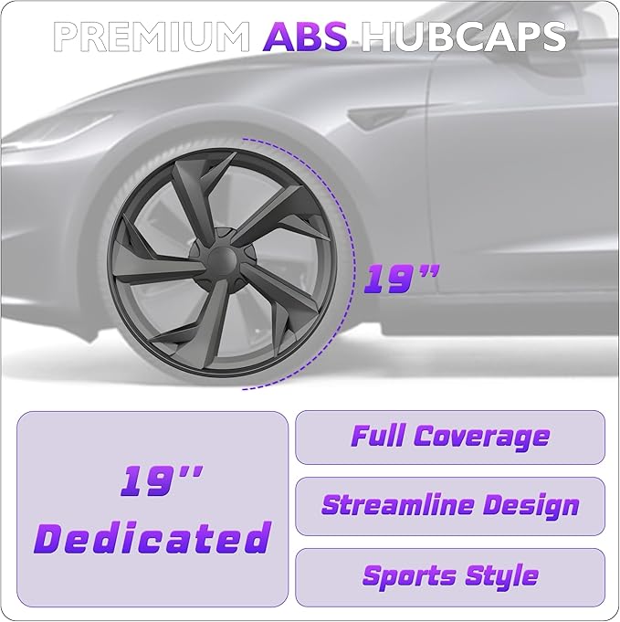 19 Inches Wheel Covers for 2025 2026 Tesla Model Y Juniper, Hub Protection Accessory, Replacement for Tesla Model Y 2025 Rim Protector, ABS Hubcaps 4-Piece, Mechanical Style Black