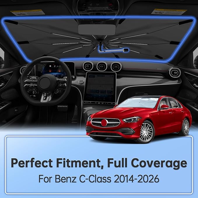 Windshield Sun Shade Umbrella for Benz C-Class 2014-2026, Foldable Sunshade for Car Front Window, 360 Rotation Automotive Interior UV Protection for Outdoor Parking, Keep Car Cool