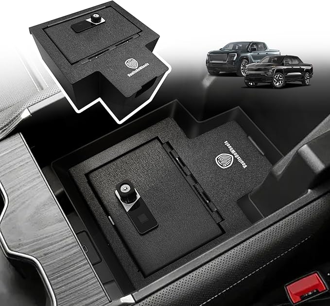 VaultsOnWheels for 2026 2025 2024 Chevrolet Silverado EV/GMC Sierra EV Center Console Safe Gun Safe Vault Hidden Console Storage LockBox Anti-Theft Pry-Proof High Security Biometric Fingerprint Lock