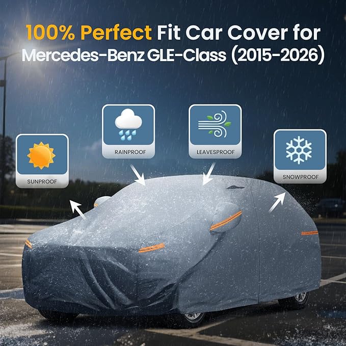 Waterproof Mercedes-Benz GLE350 GLE400 GLE450 GLE43 GLE53 GLE63(2015-2026) Car Cover with Breathable Vents, [2025 Upgrade] Premium Covers with Cotton Liner and Zipper Door,Sun Rain Snow Protection.
